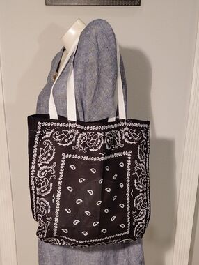 Black Paisley Bandana Tote Bag with White Straps